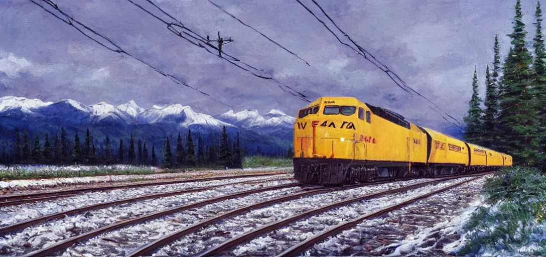 Image similar to a via rail!!! f - 4 0 ph - 2 d leaving sainte - foy station in 1 9 9 2, by bob ross, peaceful, hopeful, oil painting!!