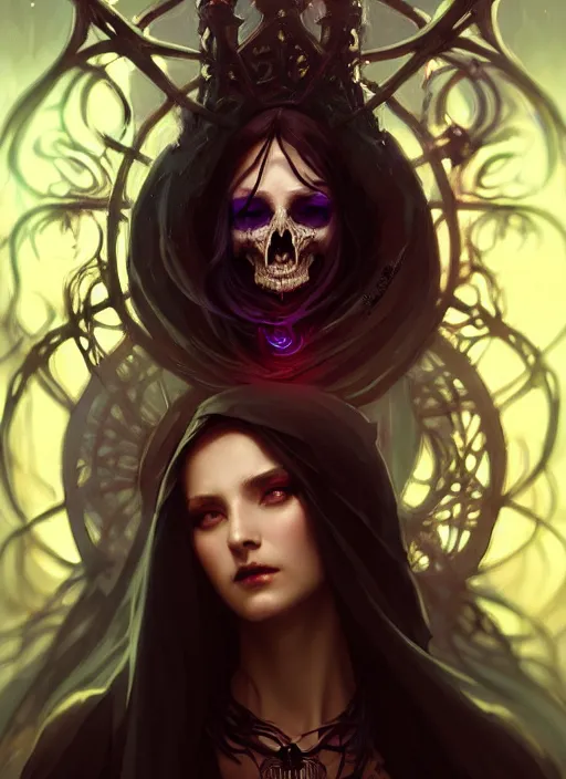 Image similar to a beautiful cinematic female Necromancer Sorceress goddess of death, fantasy magic, undercut hairstyle, dark light night, intricate, elegant, sharp focus, illustration, highly detailed, digital painting, concept art, matte, art by WLOP and Artgerm and Greg Rutkowski and Alphonse Mucha, masterpiece