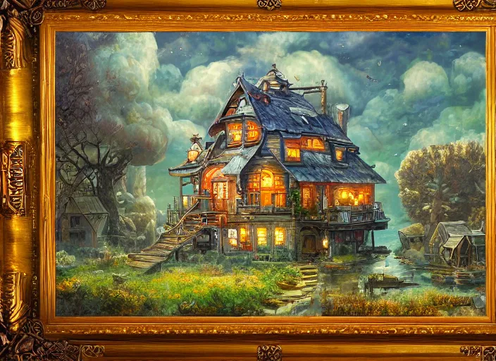 Prompt: cosy happy house floating in the sky with forest, clouds, steampunk, science fiction, magical fantasy, oil on canvas, masterpiece