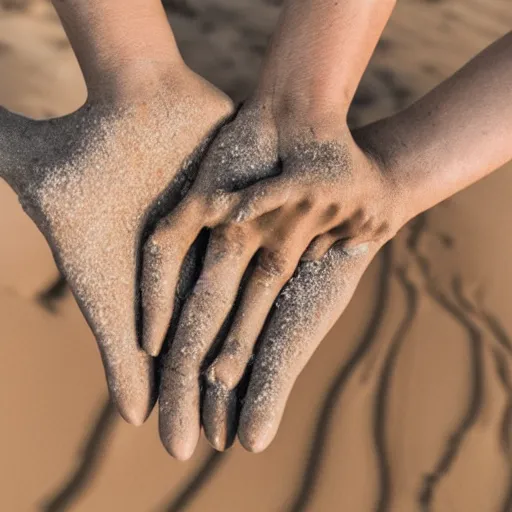 Image similar to a pair of hands holding a face made of sand