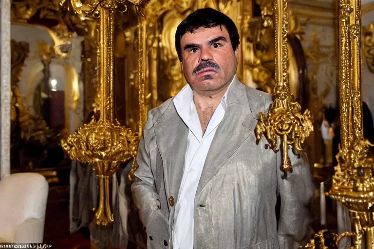 Image similar to el chapo standing in the middle of a grandiose mexican mansion. everything is made out of gold. el chapo is sipping on wine. the mansion is incredible and ornate. chapo has a clockwork chain. there are princesses and queens everywhere around him