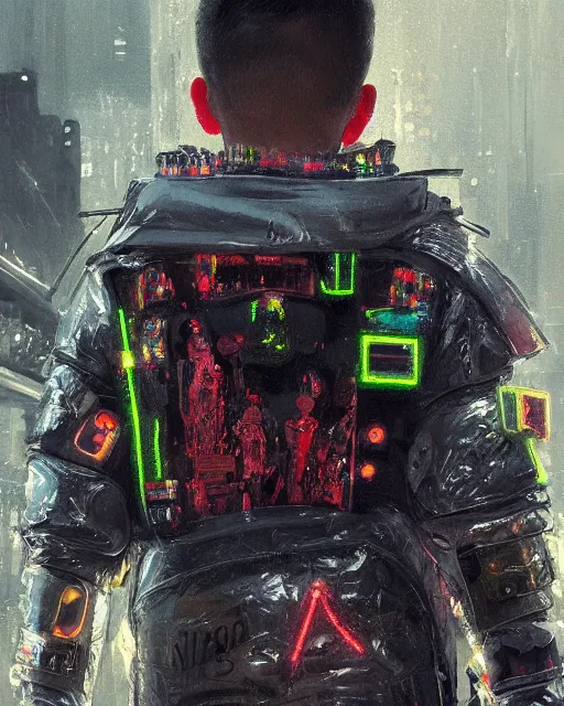 Image similar to detailed portrait Neon guard boy with short dark hair seen from the back, cyberpunk futuristic, reflective puffer jacket, decorated with traditional ornaments in front of a dystopian crowd with piles of garbage by Ismail inceoglu dragan bibin hans thoma, Perfect face, fine details, realistic shaded, fine-face, pretty face