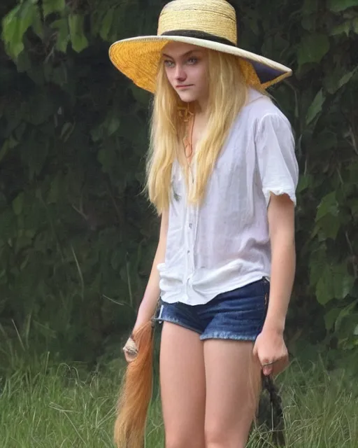 Image similar to annasophia robb with long blond hair, yellow shirt, straw hat, john bauer and bouguereau