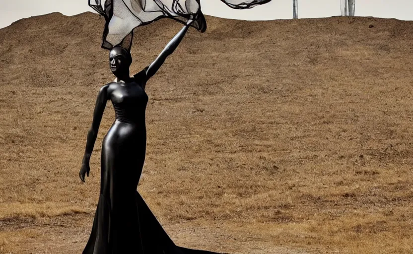 Prompt: gleaming black female statue wearing haute couture gown designed by alexander mcqueen, nylon straps, black matte cobra buckles by matthew williams, bar codes and geometric patterns, a black and white strip mine is in the background, black smoke in the air, landscape, land art, beautiful award winning fashion photography