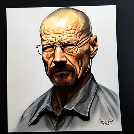 Image similar to An ultra realistic portrait painting of walter white in the style of Frank Frazetta, 4k, Ultra realistic, Highly Detailed, Dark Fantasy, Epic Lighting