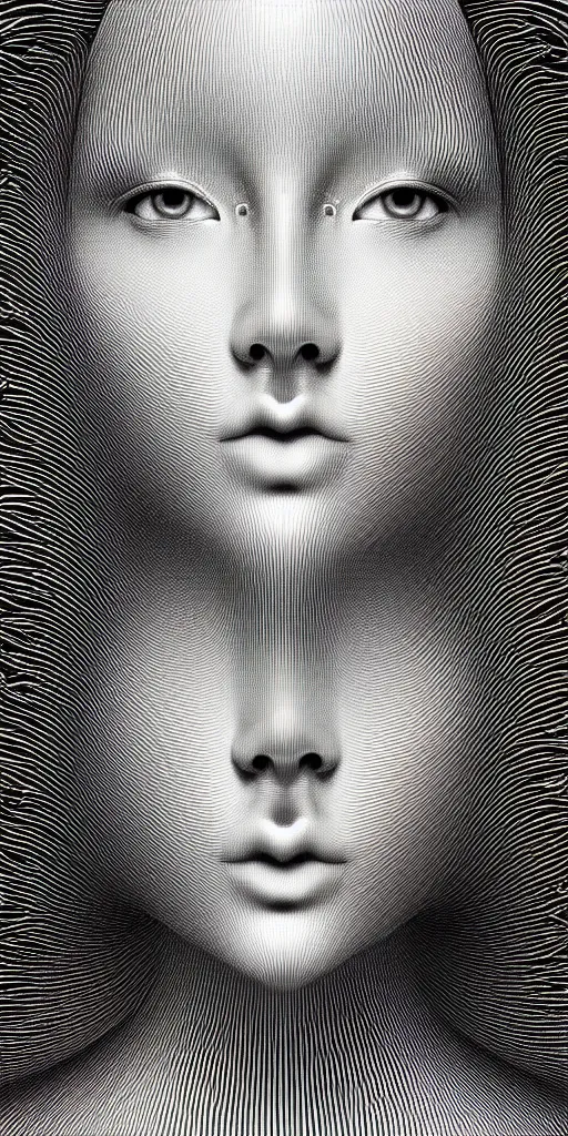 Image similar to hyper detailed ultra sharp of a beautiful fractal face. trending on artstation, golden, delicate, facing camera, hyper realism, 1 4 5 0, engraving, ultra realistic, 8 k