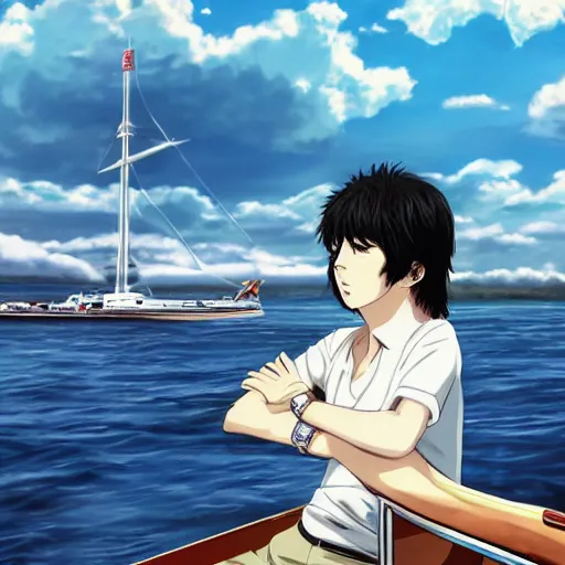 Prompt: anime illustration of young Paul McCartney from the Beatles, wearing a blue and white check shirt and watch, relaxing on a yacht at sea, screenshot from Your Name (2016)