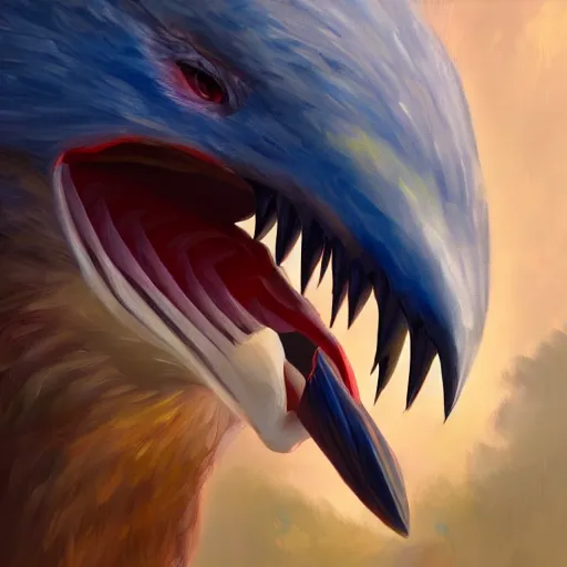 Image similar to giant bird with sharp teeth, oil painting, ultradetailed, artstation, ultradetailed, digital painting, ultradetailed