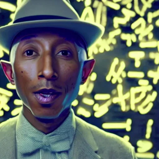 Image similar to cinematic film still of Pharrell Williams Making A Beat with an anthropomorphic alien, Japanese VFX, 2018, 400mm lens, f1.8, shallow depth of field,film photography