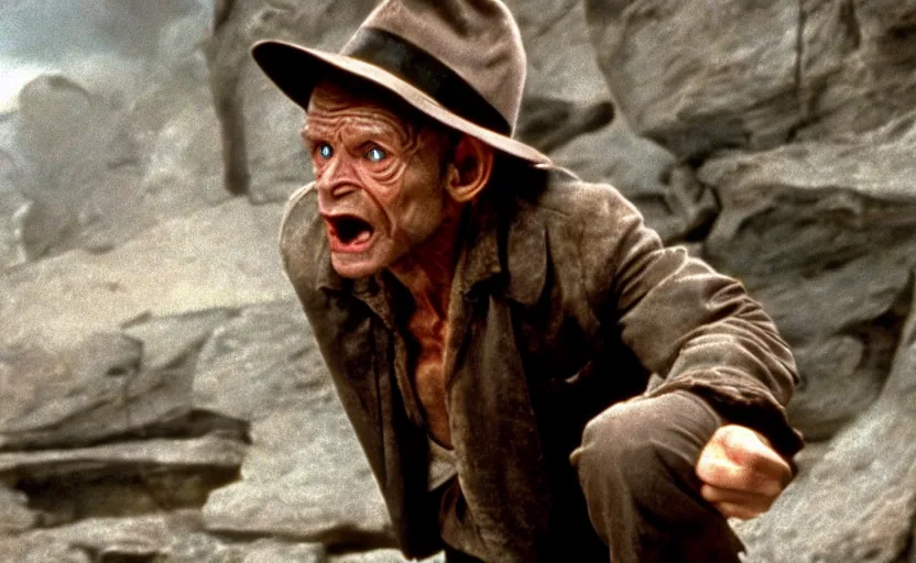 Prompt: a cinematic still of gollum as indiana jones in in indiana jones and the last crusade ( 1 9 8 9 ),