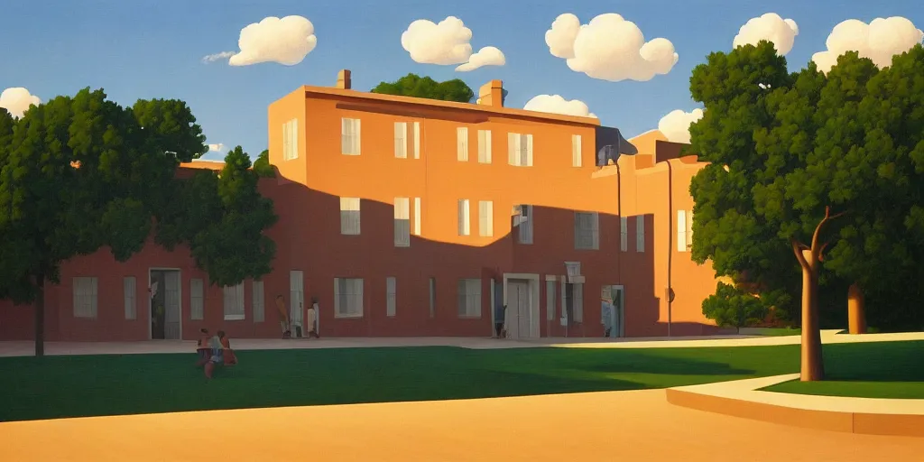 Prompt: the school, blue sky, summer evening, kenton nelson