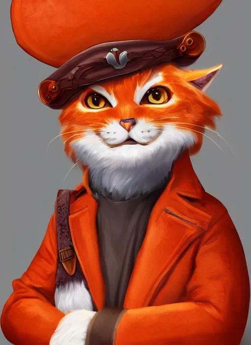 Image similar to digital art of an anthropomorphic orange cat with a red pirate coat and a tricorne hat, smug but playful, realistic, artstation, art by tyler jacobson, highly detailed, colorful, dramatic