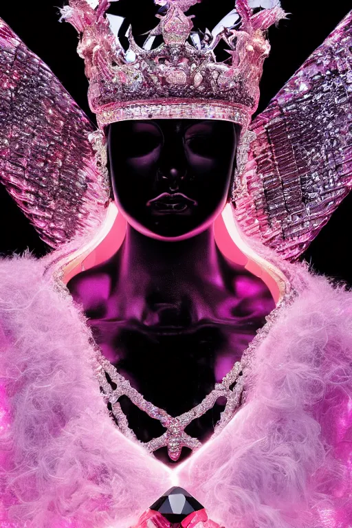 Image similar to hyper detailed ultra sharp portrait of baroque and bladerunner delicate glowing diamond sculpture of seductive muscular albino young king, pink diamond black metallic sphinx iridescent humanoid deity wearing black cloak holding a prismatic gem, glowing pink face, crown of white diamonds, cinematic lighting, photorealistic, octane render 8 k depth of field 3 d