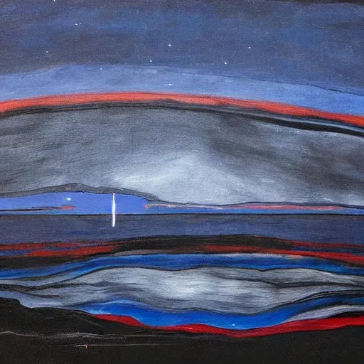 Image similar to the epic abstract painting'blue arctic void with black and red aurora borealis above a minimalist inuit sculpture made of whale rib bones ', by caspar david friedrich!!!, by rothko!!!, stunning masterpiece, trending on artstation