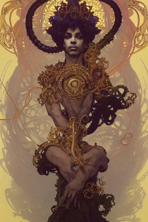 Image similar to Prince , a golden crown floating above his head, tentacles coming out the ground art by Artgerm and Greg Rutkowski and Alphonse Mucha and Craig Mullins and James Jean and Andrei Riabovitchev and Marc Simonetti and peter mohrbacher, sharp focus, ominous, cosmic horror, trending on artstation, Ultra detailed, hyper realistic 4k