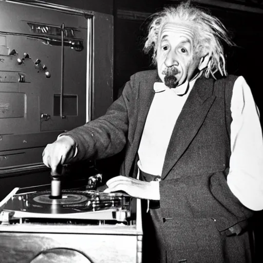 Image similar to photo of Albert Einstein DJing a record player at a nightclub, vintage, highly detailed facial features, at a nightclub