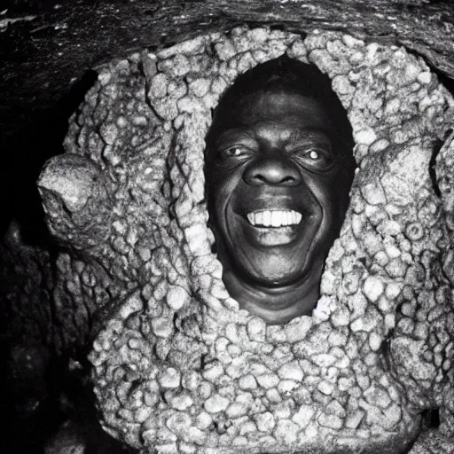 Image similar to photo inside a cavern of a wet reptilian humanoid sun ra partially hidden behind a rock, with black eyes, open mouth and big teeth