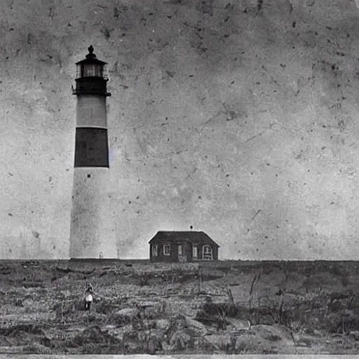 Image similar to worshippers dressed in robes belonging to the cult of the lighthouse. Dilapidated 1800s lighthouse. 1800s photo.