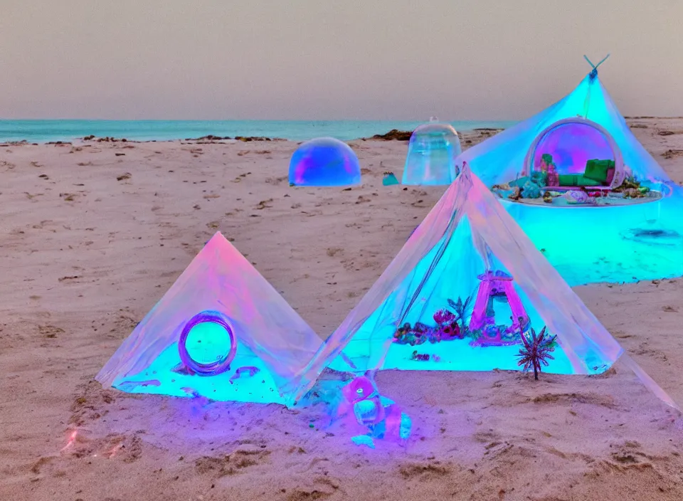 Image similar to a vintage family holiday photo of an empty beach from an alien dreamstate world with chalky pink iridescent!! sand, reflective lavender ocean water, dim bioluminescent plant life and an igloo shaped plastic transparent bell tent surrounded by holiday clutter opposite a pit with an iridescent blue flame flickering. refraction, volumetric, light.