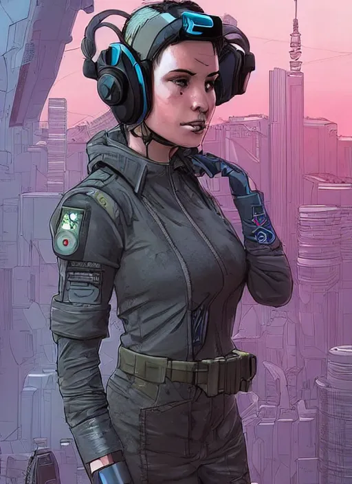 Prompt: Beautiful Maria. Gorgeous female cyberpunk mercenary wearing a cyberpunk headset, military vest, and pilot jumpsuit. gorgeous face. Concept art by James Gurney and Laurie Greasley. Moody Industrial skyline. ArtstationHQ. Creative character design for cyberpunk 2077.