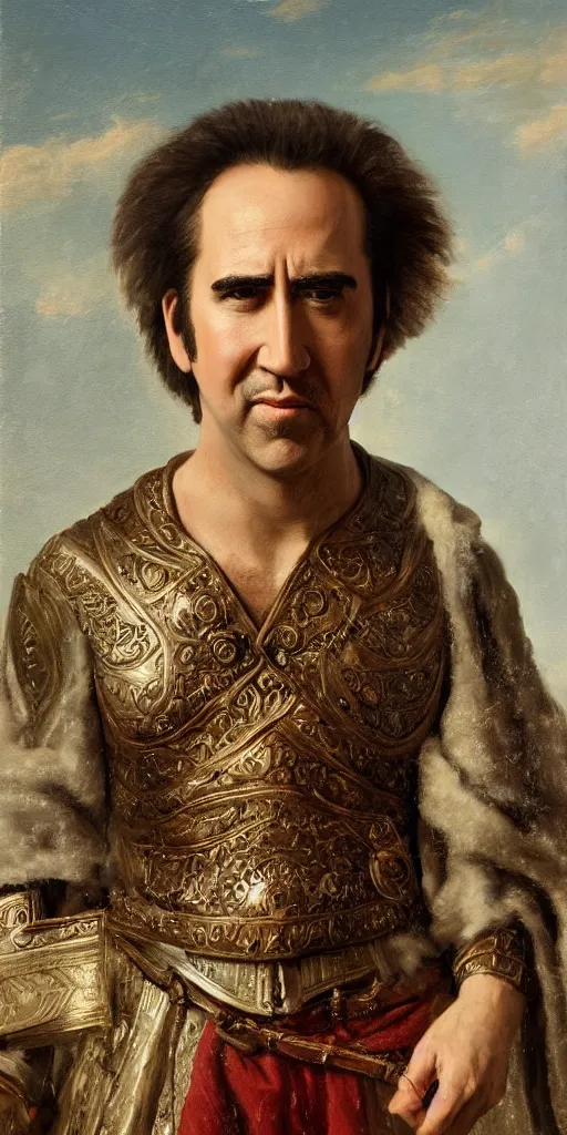 Prompt: Romantic-period style portrait of Nicholas Cage playing Alexander the Great, trending on artstation, oil painting masterpiece, symmetry, fractals, Greek iconography