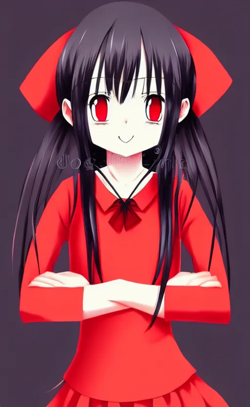 Prompt: anime girl with a detailed face and black hair in a red outfit placed in bottom half of illustration, full body, trending, illustration