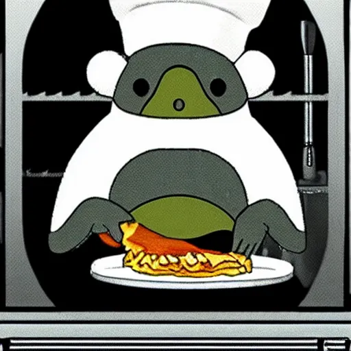 Prompt: manga cute platypus on a kitchen wearing a chef hat and holding a lasagna into an oven, manga style