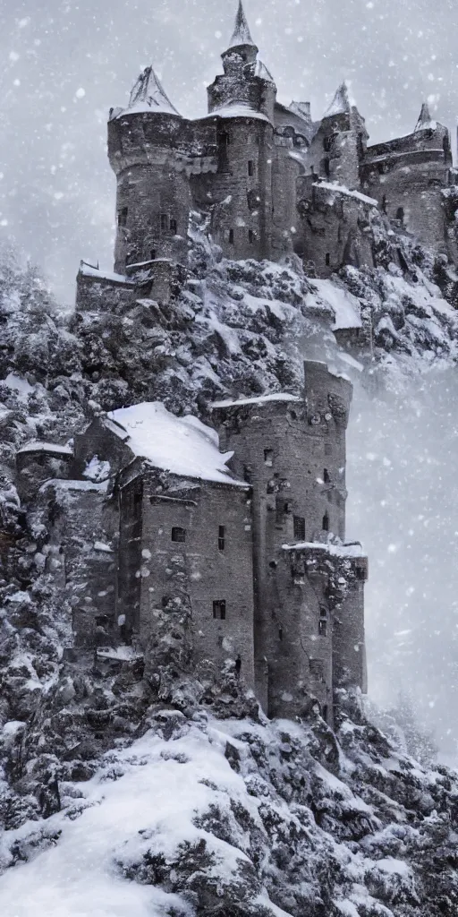 Prompt: a abandoned castle on top of a snowy mountain, 8 k, shallow depth of field, intricate detail, concept art,