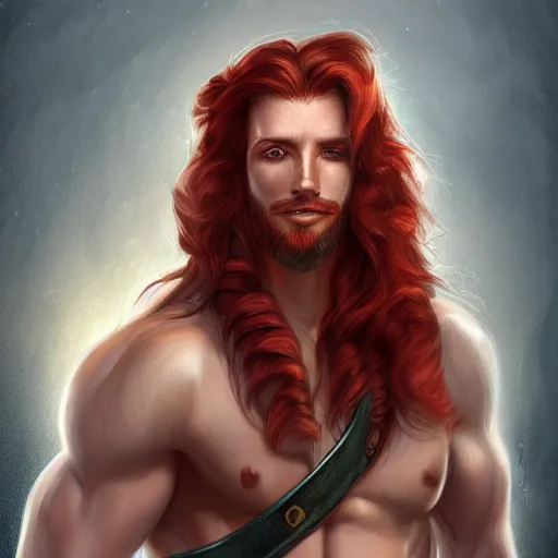 Image similar to portrait of a handsome male ship captain with long red hair!!!!!!, 30 years old, bashful, upper body, ethereal, muscular, friendly, playful, D&D, hairworks, Unreal 4, fantasy, elegant, highly detailed, digital painting, hairworks, deviantart, artstation, concept art, sharp focus, dramatic lighting, illustration, art by Artgerm and Greg Rutkowski and Alphonse Mucha