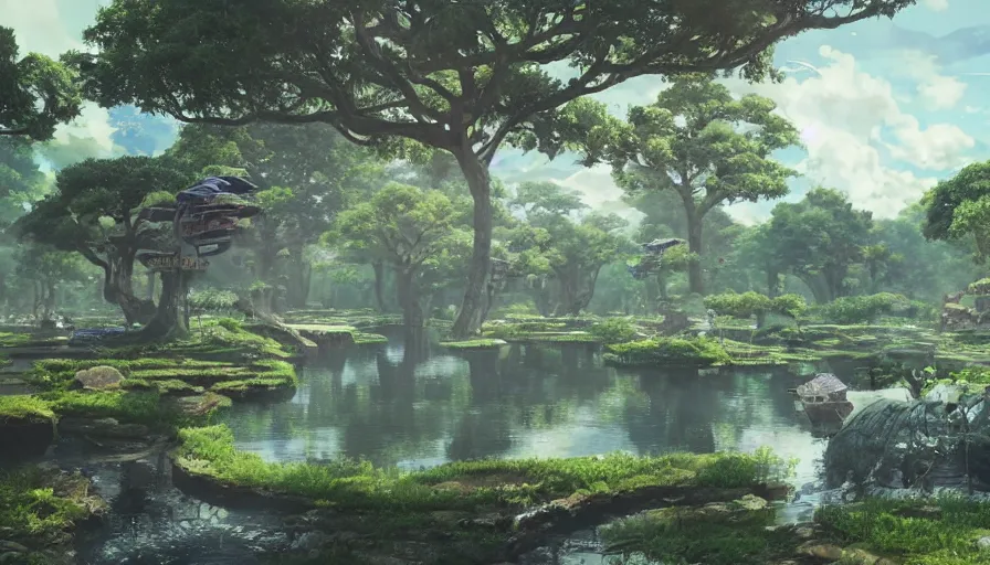 Image similar to an alien city with a pond, beautiful ancient trees, hiding large treasure chest, serene evening atmosphere, soft lens, soft light, cel - shading, animation, in the style of cgsociety, deviantart, artstation, zbrush, cinema 4 d, studio ghibli, akihiko yoshida, atelier lulua, masamune shirow