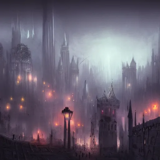 Image similar to fantasy dark vampire cityscape, painting, drone shot, lights in the dark, lanterns, fog, people in the streets, sharp roofs, city wall, smoke, dark fantasy, magic the gathering, fantastic artwork, 4 k, trending on artstation, by greg rutkovski, high fantasy, barren landscape