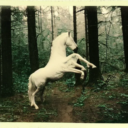 Image similar to polaroid photo of a unicorn! in a forest in the 1 9 6 0 s