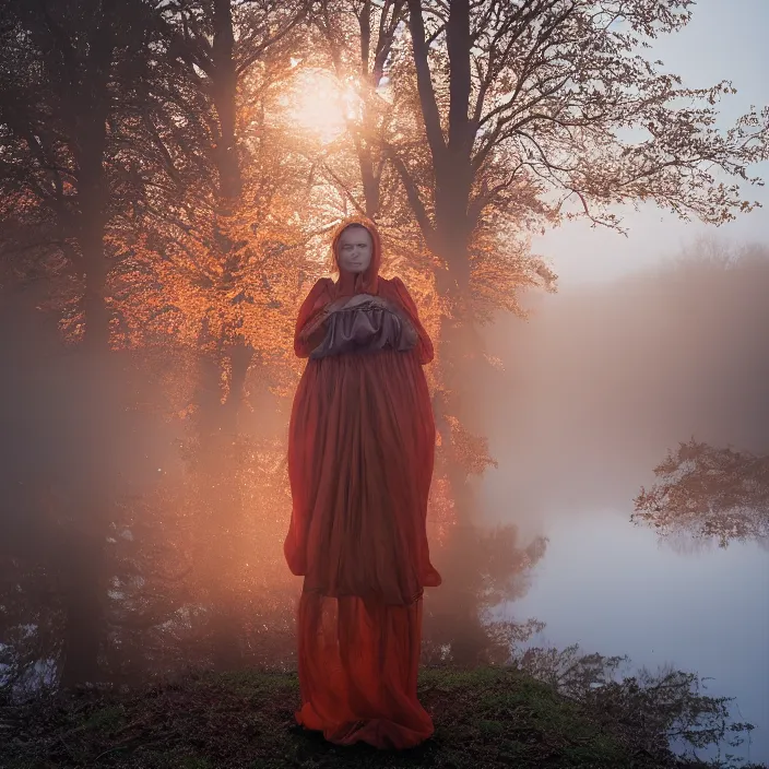 Prompt: a closeup portrait of a woman wrapped in plastic, standing next to a giant huge levitating copper orb, in a foggy pond, golden hour, color photograph, by jan van eyck, canon eos c 3 0 0, ƒ 1. 8, 3 5 mm, 8 k, medium - format print