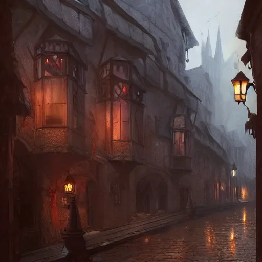 Image similar to streets of a medieval town, street leading to a fantasy castle, dramatic lighting, city background, chiaroscuro, high detail, painted by greg rutkowski, painted by igor kieryluk, painted by bobby chiu, trending on artstation