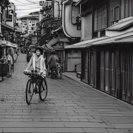 Prompt: anime girl riding bicycle in highly detailed kyoto street, studio ghibli style, by hayao miyazaki, sharp focus, desaturated, fog, highly detailed, 4k