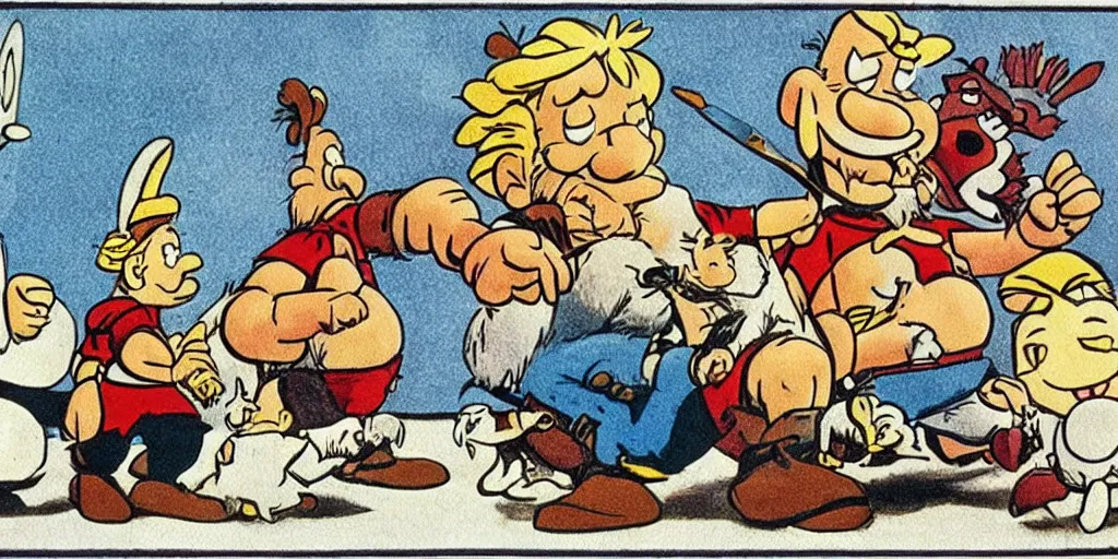 Image similar to Asterix, Obelix, Tintin and Snowy watching TV. drawing, cartoon, sofa,, drawn