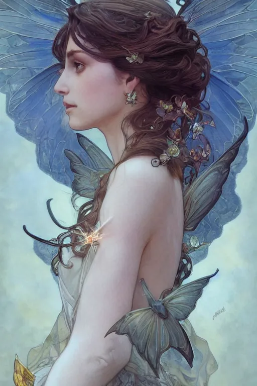 Image similar to portrait of a beautiful fairy with wings, headshot, symmetrical, elegant, regal, intricate, twilight background, highly detailed, digital painting, artstation, sharp focus, watercolor, muted color, complementary colors, art by artgerm, greg rutkowski and alphonse mucha