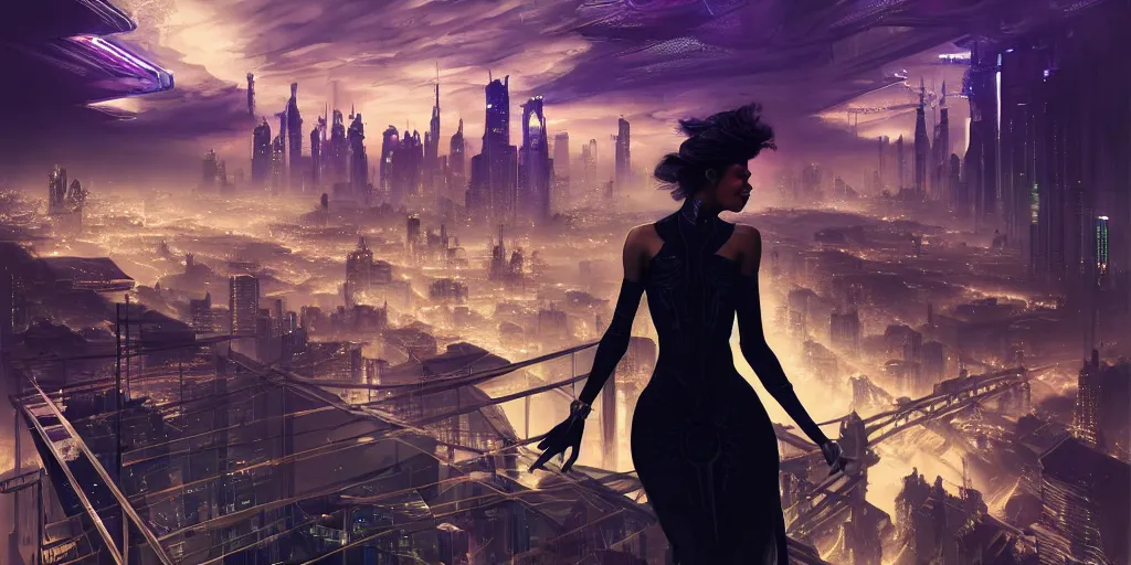 Prompt: silhouette of a woman standing on a bridge overlooking an axonometric cyberpunk city, by Rolf Armstrong and Evelyn De Morgan and Bastien Lecouffe-Deharme, dramatic lighting, high contrast colors, baroque, empyrean, panoramic view, as trending on Artstation, highly detailed, cryengine,