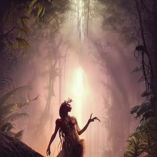 Image similar to a hyperrealistic illustration of a dark figure in a jungle, Jungle with fractal sunlight, award-winning, masterpiece, in the style of Tom Bagshaw, Cedric Peyravernay, Peter Mohrbacher