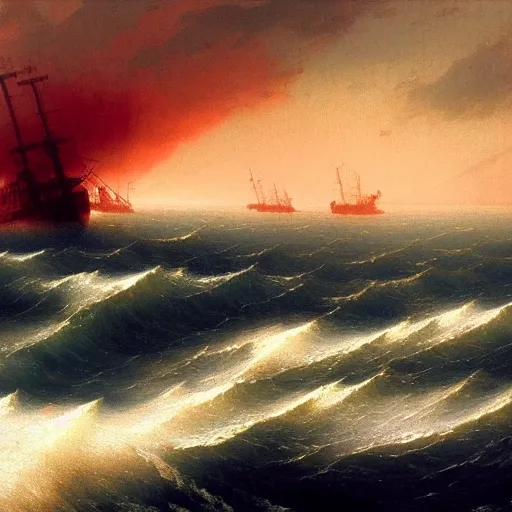 Image similar to bloody ocean, rusted iron ship sinking in red blood ocean, by Ivan Aivazovsky, junji ito, hd 8k, hideaki anno