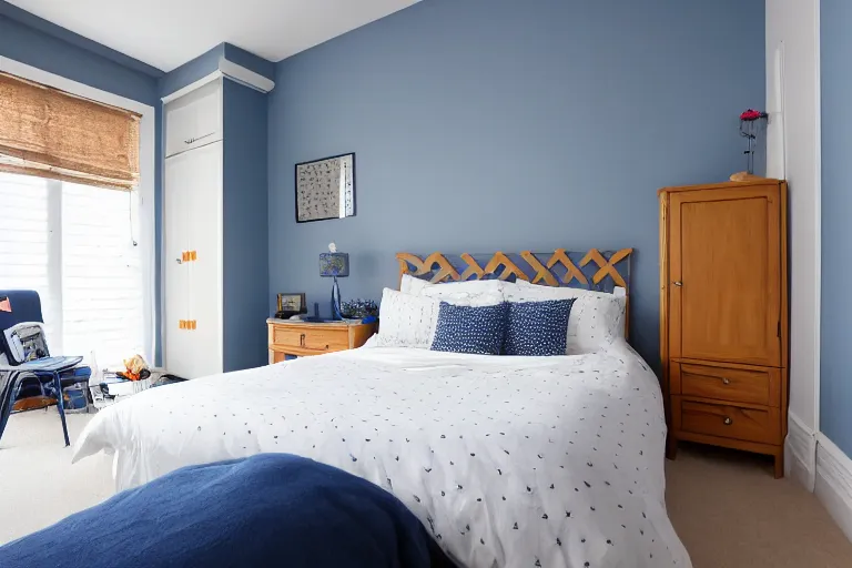 Image similar to a 10 by 11 foot bed room with white with a criss cross pattern in blue grey walls, white ceiling, navy blue carpet, a small bed, desk, two wooden wardrobes, an old TV, and a ceiling fan gives off a dim orange light.