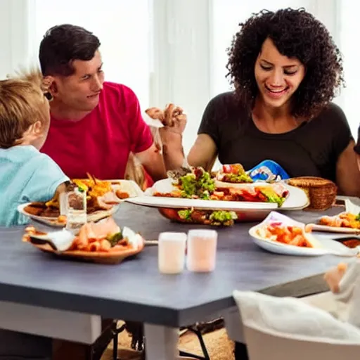 Image similar to a family sitting around the dinner table eating parts of a live cow