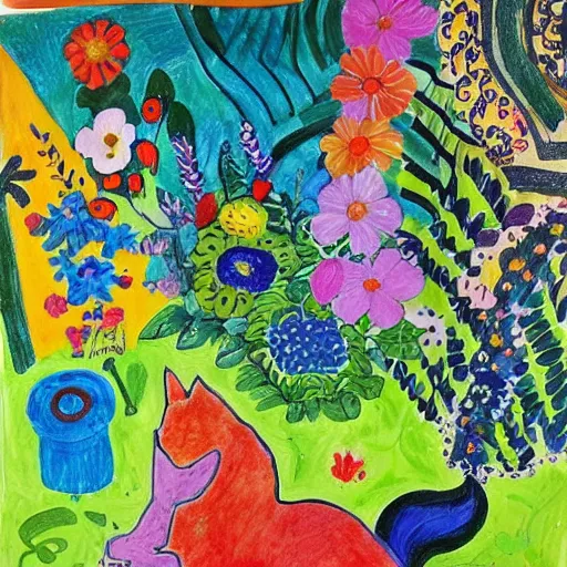 Image similar to cat playing in a garden of flowers, a mix media painting by laurel burch and Leonardo da Vinci and Natalia Goncharova, cluttered , child's drawing