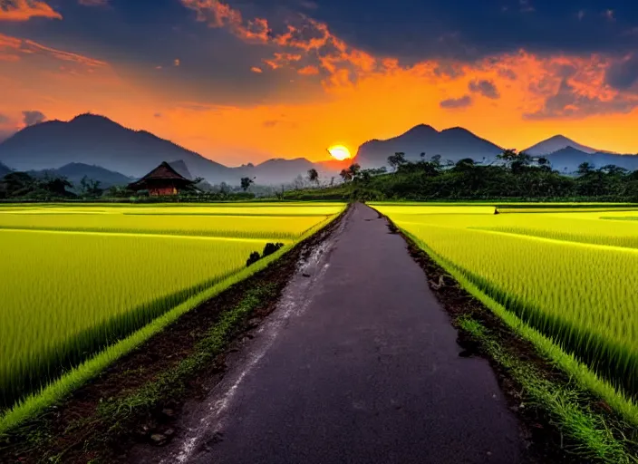 Image similar to a road between rice paddy fields, two big mountains in the background, big yellow sun rising between 2 mountains, flocks of birds in the sky, indonesia national geographic, award winning dramatic photography