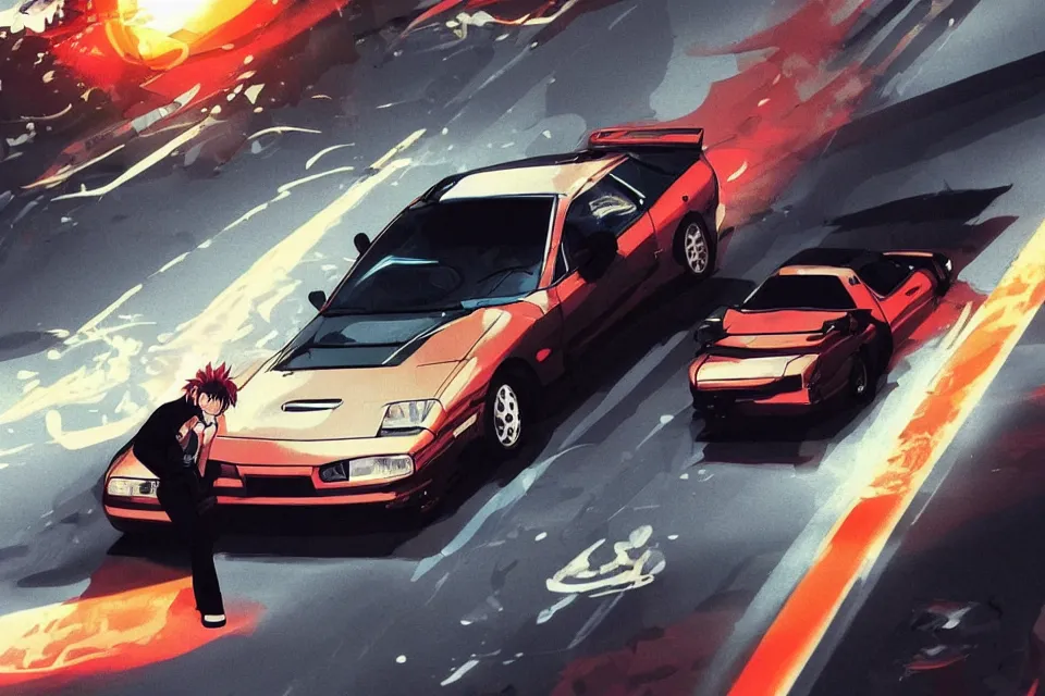 Prompt: aesthetic illustration of ryosuke takahashi with black hair, standing by his glossy mazda rx 7 on an empty highway at sunrise, cinematic lighting, initial d anime 1 0 8 0 p, detailed anime face, high detail, 9 0 s anime aesthetic, volumetric lights, rule of thirds, unreal engine 5 render, pinterest wallpaper, trending on artstation