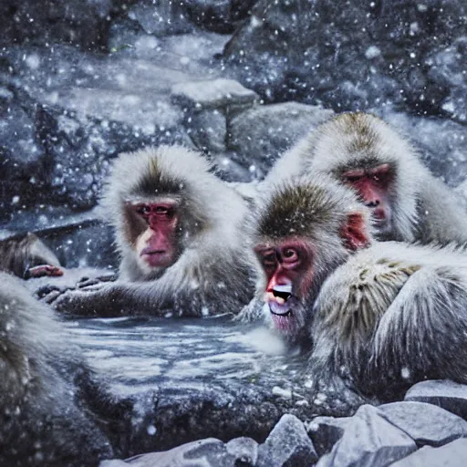 Image similar to scenic mountain setting, snow monkeys gather at the natural spa, highly detailed, snow flurry, cold, steamy, desaturated, inquisitive, striking, contemplative, watercolor, dry brush