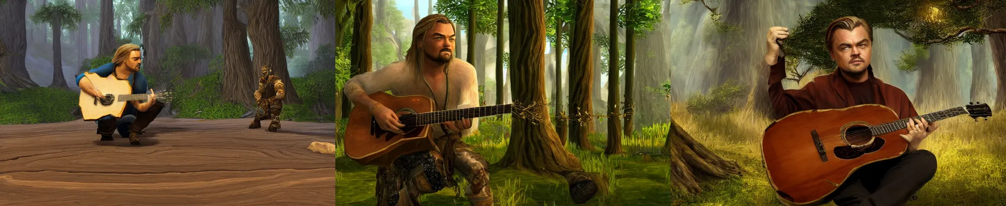 Prompt: alone leonardo dicaprio with blonde hair playing guitar inside of warcraft elwynn forest, pc screen image.