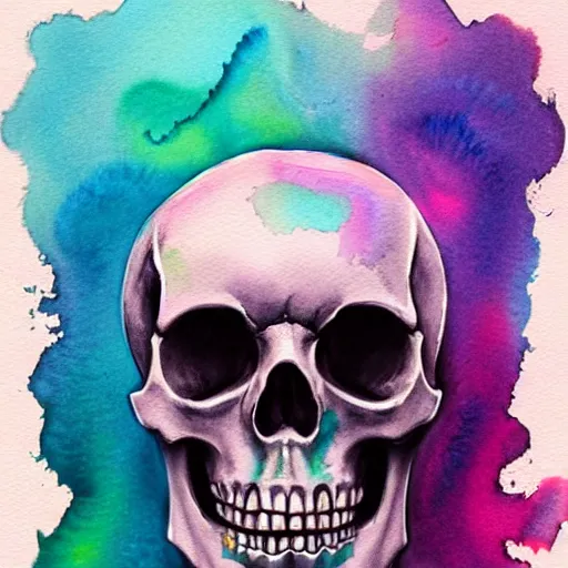 Image similar to watercolor art on paper, skull with bath bomb explosions all around, highly detailed, artstation, masterpiece, award - winning