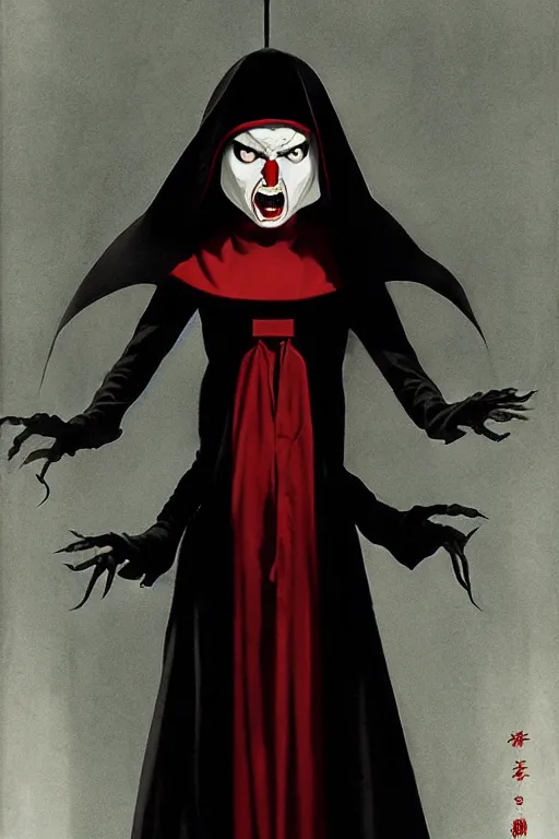 Image similar to single scary female vampire nun, evil grin, nun outfit, portrait size, photoshoot, powerful, super detailed and intricate, by koson ohara, by darwyn cooke, by greg rutkowski, by satoshi kon