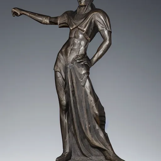 Image similar to long shot photo of a soapstone Art Deco statue Hades wearing a tunic, long pants,Cerberus on his side,sculped by Paul Landowski,Jean Dupas, Tamara de Lempicka, Reginald Marsh, Rockwell Kent, and Diego Rivera,beared,long shot,wide shot,low angle,Sigma 85 mm,very detailed,unreal-engine,city in the background